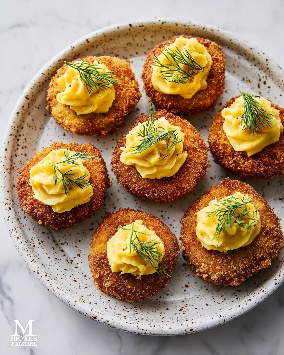 The dish shows seven crispy, golden-brown fried rounds arranged on a white speckled plate with a white marbled texture surface underneath. Each round has a rough, crunchy exterior and is topped with a thick, creamy yellow dollop swirled like soft whipped butter. On top of each yellow dollop sits a small, fresh green sprig of dill, adding a pop of color. The arrangement is casual, with the rounds overlapping slightly but evenly spaced to show their texture clearly. photo taken with an iphone --ar 4:5 --v 7