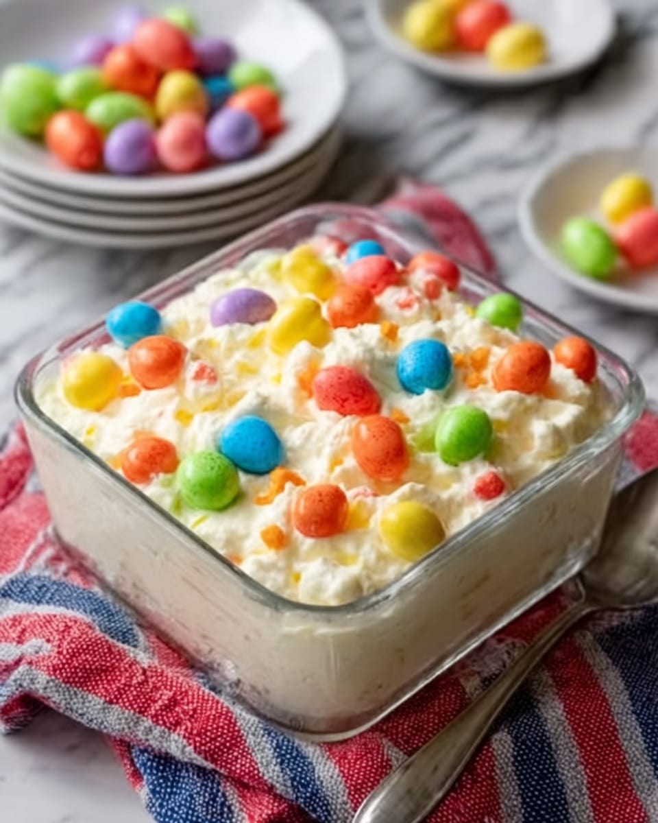 A clear glass square dish filled with a creamy, fluffy salad that has a soft white base mixed with small, colorful pieces of orange, yellow, green, and purple touching the top layer, with several purple candy-coated eggs on the surface. The dish sits on a white marbled table with a striped cloth underneath. In the background, slightly out of focus, there are two white plates full of more colorful candy-coated eggs. A woman’s hand is shown holding the edge of the dish from one side. Photo taken with an iphone --ar 4:5 --v 7