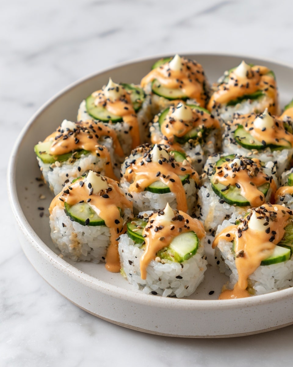 A white bowl filled with two rows of sushi rolls, each roll has a base of white rice wrapped around green cucumber slices, topped with a creamy light orange sauce drizzled with a brighter orange sauce. The rolls are sprinkled with black sesame seeds. Around the rolls, fresh cucumber slices create a green border inside the bowl. The bowl sits on a white marbled surface. photo taken with an iphone --ar 4:5 --v 7