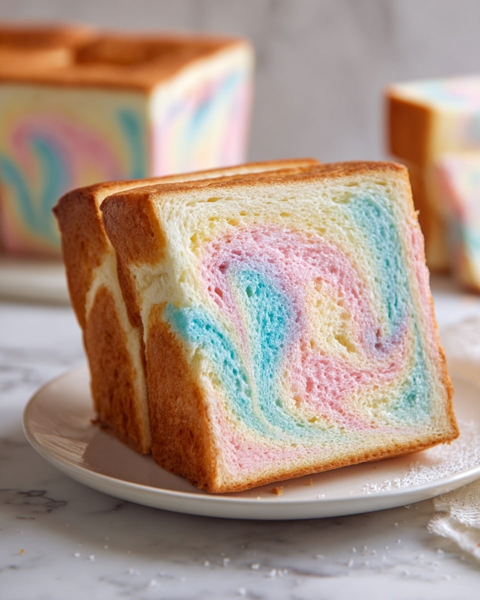 A close-up of a loaf of bread with soft, swirled layers of pastel colors including pink, blue, yellow, and purple, visible both on the top and inside the sliced front face. The bread has a light golden brown crust on the sides, while the inside layers show a fluffy, airy texture with smooth color transitions blending gently into one another. The loaf is placed on a simple white plate that sits on a white marbled surface, with another blurred slice in the background. The light is soft and natural, highlighting the bread's soft texture and colorful swirls. photo taken with an iphone --ar 4:5 --v 7