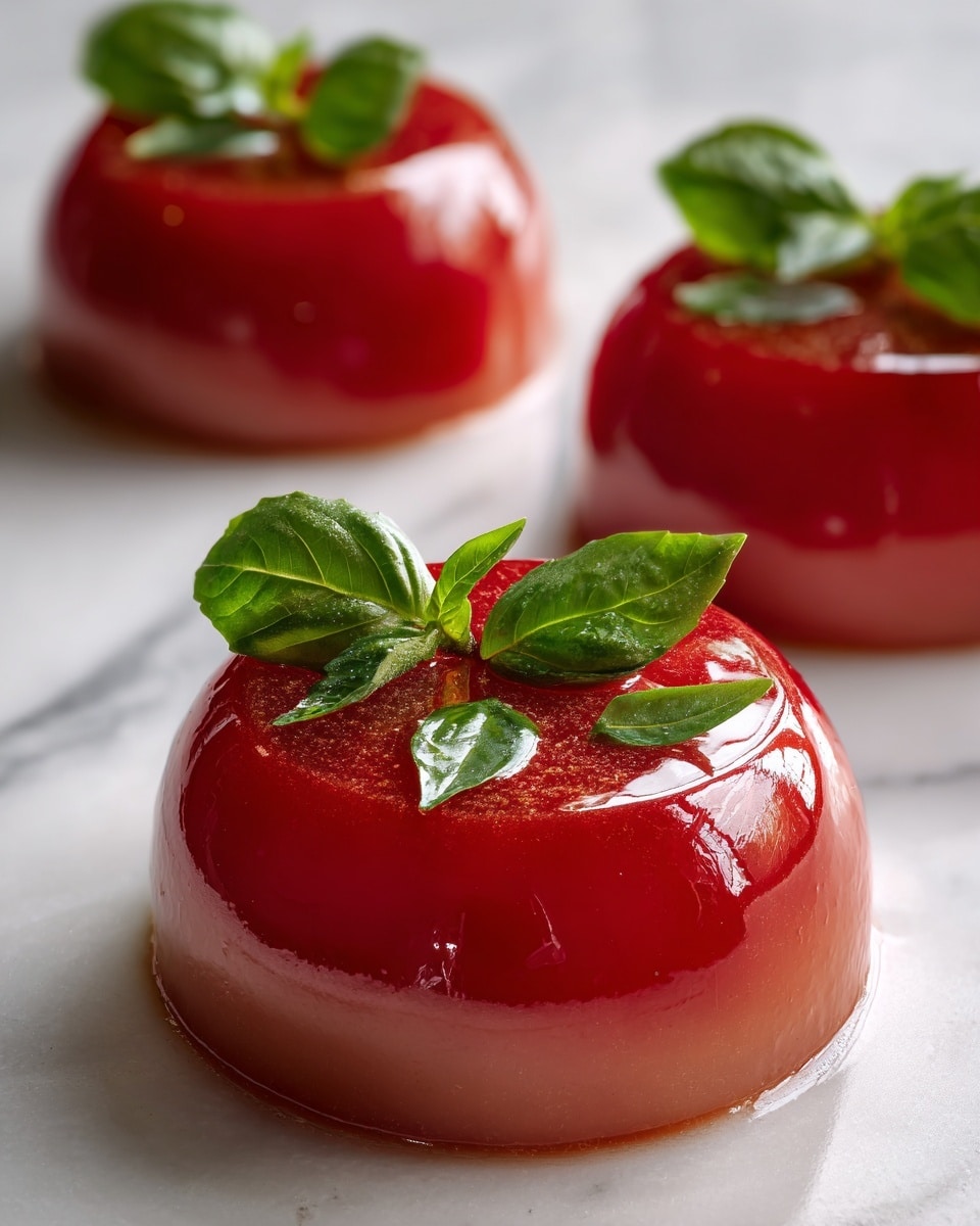The image shows three smooth, glossy tomato panna cotta desserts, each shaped like a small cylinder with a flat top. The panna cotta has a bright reddish-orange color that looks creamy and firm. On top of each panna cotta are fresh green basil leaves that add a bright contrast to the red. The desserts are placed on a white marbled surface, with soft light highlighting their shiny texture. Some basil leaves are scattered around the panna cotta, and the focus is sharp on the closest one, gradually softening on the others in the background. Photo taken with an iphone --ar 4:5 --v 7