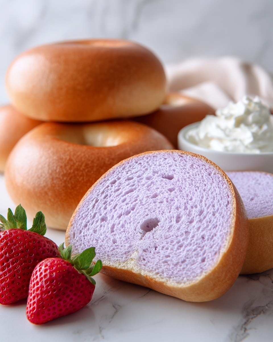 The image shows an open bagel cut in half, placed at the front, with a light purple, soft, and airy texture inside. Behind it, there are four whole bagels with a smooth, pale brown crust. On the left side of the frame, there are several fresh, bright red strawberries with green leaves. In the background, a white bowl with a creamy white spread is slightly visible. All items rest on a white marbled surface. photo taken with an iphone --ar 4:5 --v 7
