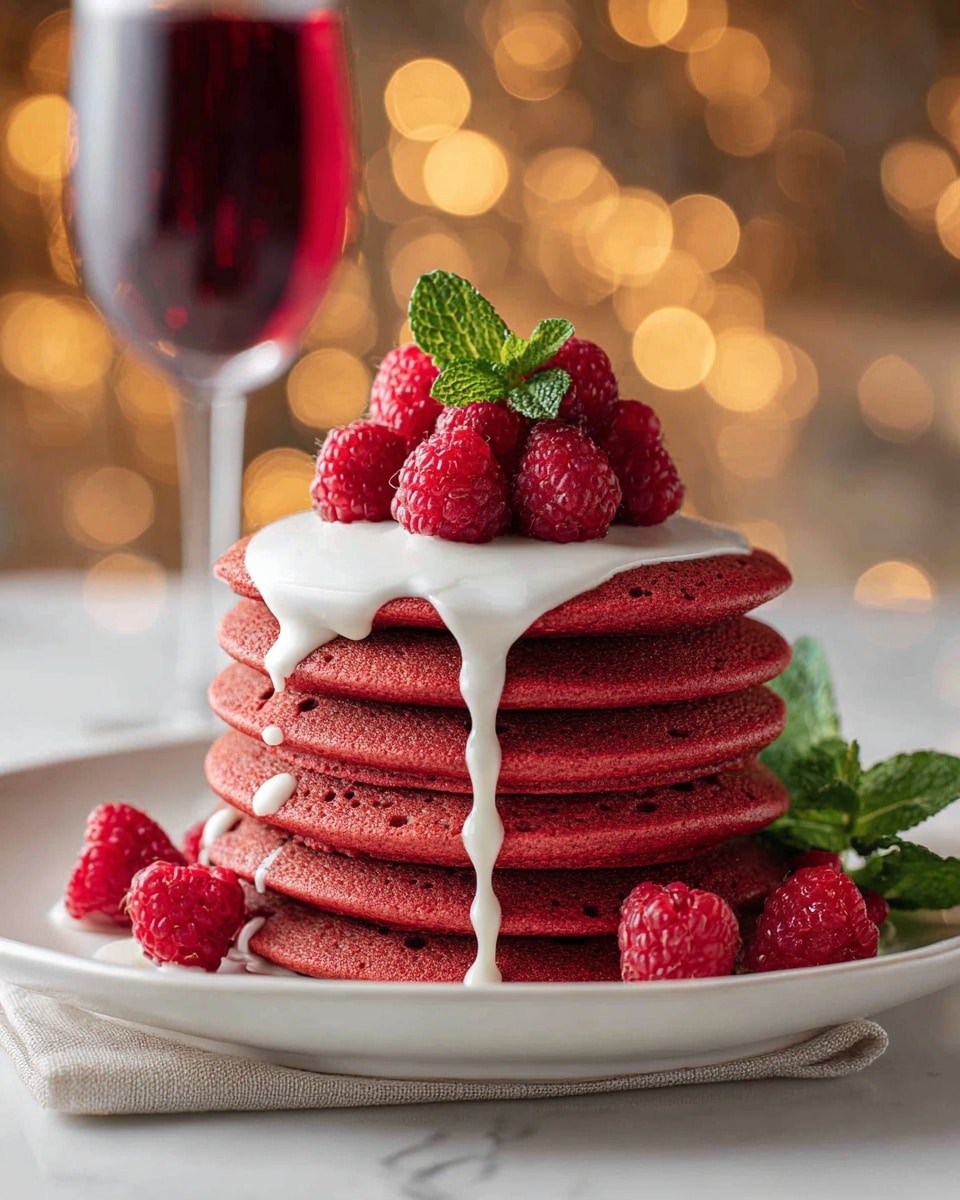 A stack of seven thick red pancakes sits on a white plate, each pancake showing a soft, spongy texture with small air holes. A smooth, white sauce is slowly dripping over the sides from the top pancake, pooling slightly on the plate. On top, a handful of fresh red raspberries forms a pile, garnished with a small green mint leaf in the center. Additional raspberries and mint leaves rest beside the plate on a soft, light cloth. The background is blurred with warm, glowing bokeh lights and a tall glass filled with a dark red drink. The plate is set on a white marbled surface. photo taken with an iphone --ar 4:5 --v 7