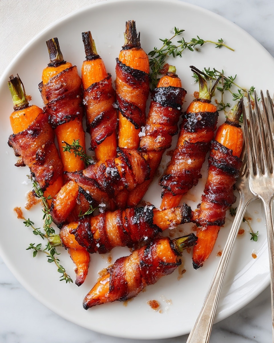 The image shows a white plate with ten carrot sticks wrapped in grilled bacon. Each carrot is orange and slightly charred at the ends, wrapped tightly with shiny brown, crispy bacon that has grill marks and a glazed look. The bacon wraps spiral around the carrots, creating a textured, layered effect. Small clusters of brown sugar crystals are sprinkled on the carrots and plate. Fresh green thyme sprigs lie on the plate for decoration, giving a touch of green. The plate sits on a white marbled surface, and part of two silver forks is visible to the right. photo taken with an iphone --ar 4:5 --v 7