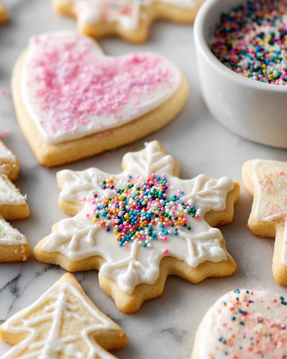 A close-up view of several sugar cookies on a white marbled surface, each with one layer of smooth white icing covering the cookie base. There are three different shapes: hearts, snowflakes, and a bell. The heart-shaped cookies have pink sprinkle decorations scattered on the white icing. The snowflake cookies have intricate white icing patterns on top, with one snowflake in the center decorated with colorful round and rod-shaped sprinkles. The bell-shaped cookie at the bottom has a mix of pink and white sprinkles. To the top right corner, there is a white bowl filled with colorful round sprinkles, slightly blurred. Photo taken with an iphone --ar 4:5 --v 7