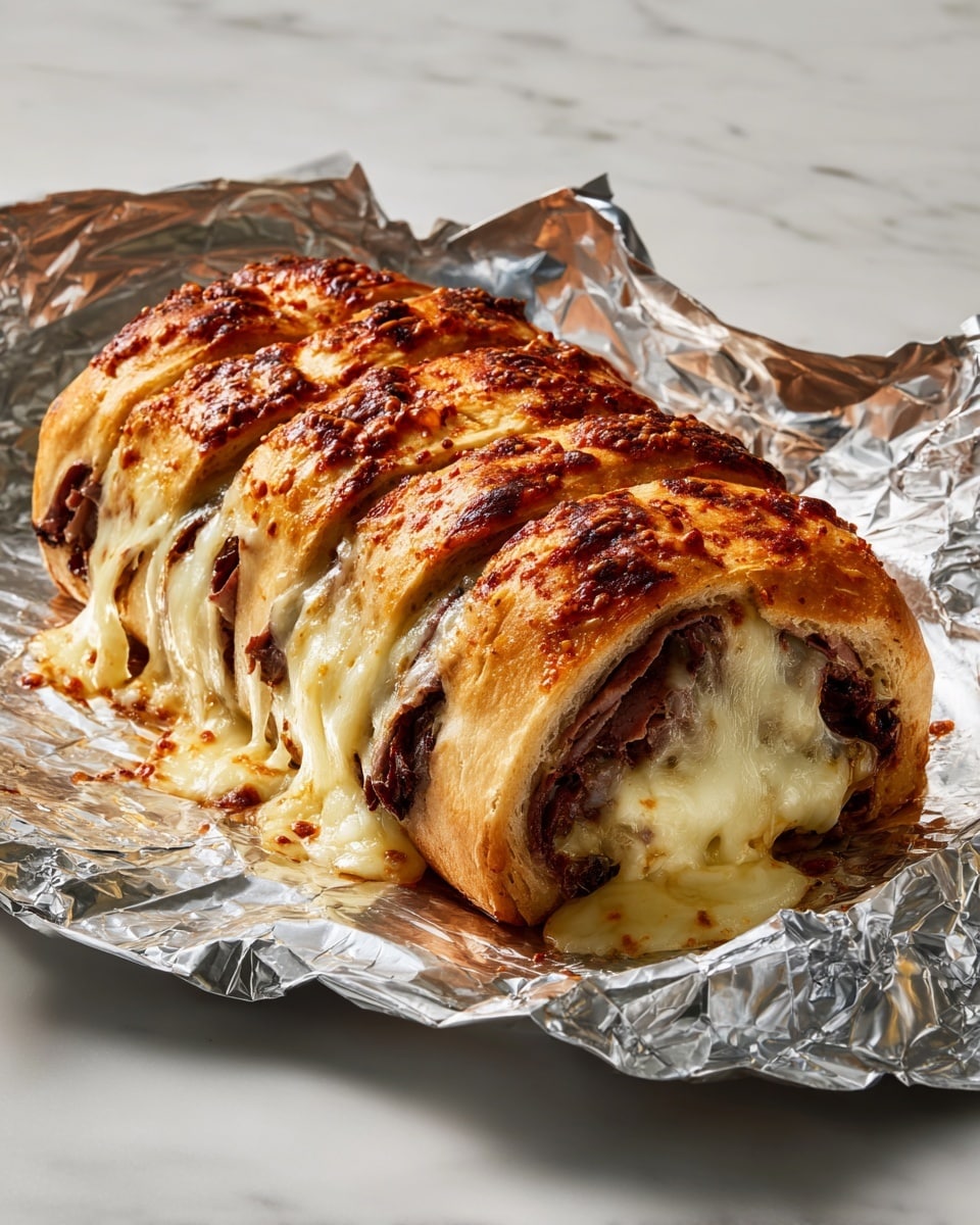 A rolled pastry loaf with a golden-brown crust has about six horizontal cuts filled with thin slices of dark roast beef and melted white cheese oozing out slightly. The loaf rests on crumpled shiny aluminum foil, which catches the light, and the background shows a smooth white marbled surface. The textures mix the soft, layered bread with tender meat edges and gooey cheese strands. Photo taken with an iphone --ar 4:5 --v 7