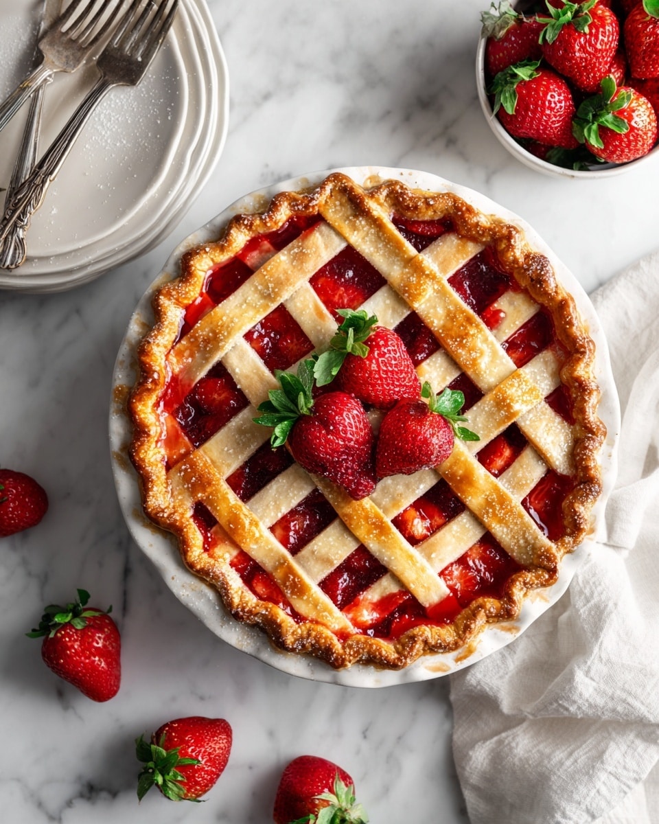 A round strawberry pie sits in the center of a white plate on a white marbled surface. The pie has a golden-brown lattice crust with visible sugar crystals on top, showing a red, juicy strawberry filling peeking through the woven strips. Several halved fresh strawberries with green tops are placed on the pie's surface and around the plate, adding bright red and green colors. To the left, a white bowl holds several fresh strawberries, and a folded white cloth is nearby. In the upper right corner, a white ridged plate with a fork rests partially in view. The whole scene is softly lit and styled simply. photo taken with an iphone --ar 4:5 --v 7