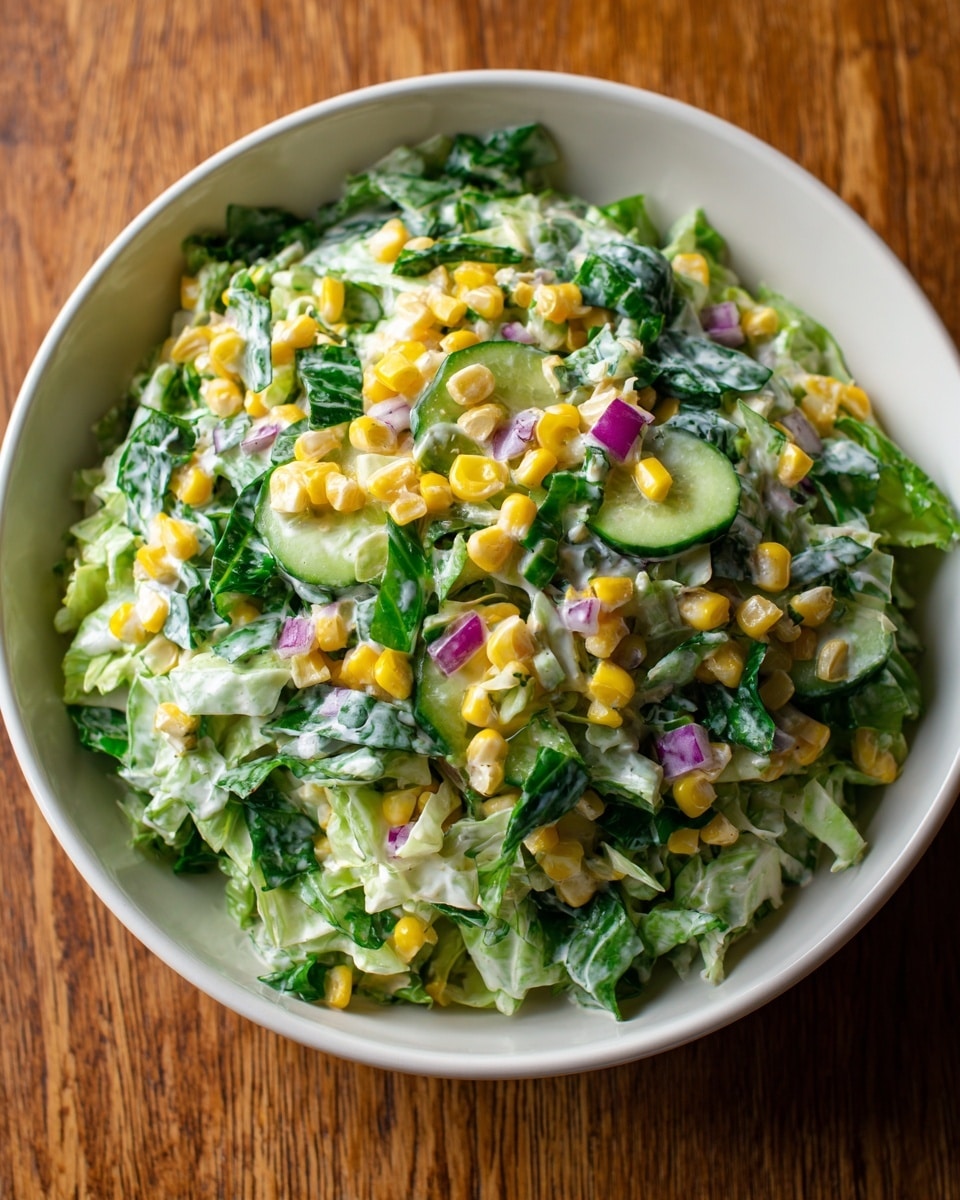 A close-up of a white bowl filled with a creamy corn salad, showing visible layers of yellow corn kernels mixed with shredded pale green cabbage and small pieces of dark green leafy vegetables, along with bits of purple onion, all coated in a light white creamy dressing. The bowl sits on a surface with a white marbled texture, enhancing the fresh colors of the salad. Photo taken with an iphone --ar 4:5 --v 7