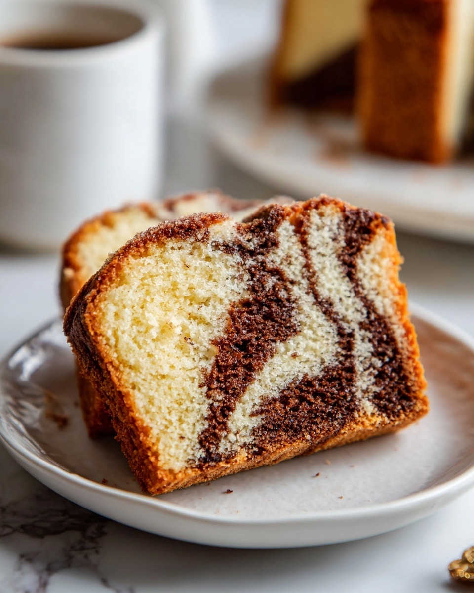 A close-up view of a thick slice of marble cake showing two main layers swirled together: a light beige sponge cake and a darker brown chocolate swirl mixed inside. The cake slice sits on a simple white plate, with the texture of the cake appearing soft and moist, topped with a slightly crunchy crust. The background shows blurred shapes of more cake pieces and a cup of coffee on a white marbled surface. The lighting highlights the soft crumb and the rich swirl pattern inside the cake. Photo taken with an iphone --ar 4:5 --v 7