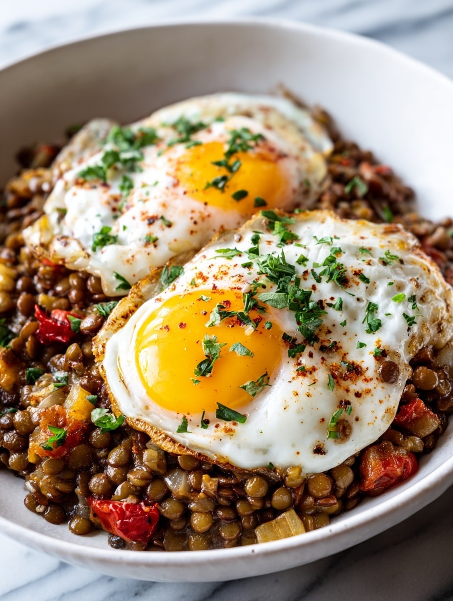 A white bowl holds a warm and hearty dish with two bright sunny-side-up eggs on top, each with rich golden yolks and slightly crisped white edges. Beneath the eggs is a thick layer of cooked lentils mixed with small chunks of soft, cooked tomato and onion, giving a mix of brown, red, and orange colors. The dish is garnished with fresh green chopped herbs sprinkled over the eggs and lentils. The bowl sits on a white marbled surface, adding a clean, bright background to the colorful food. photo taken with an iphone --ar 4:5 --v 7
