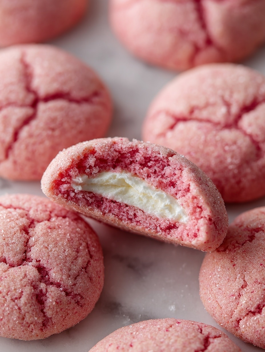A close-up shot of pink, soft-looking cookies with a sugary outer layer, arranged on a white marbled texture. One cookie is cut in half and placed on top, showing two layers inside: a thick, creamy white filling in the middle and a pink, fluffy outer cookie layer with a slightly crumbly texture. The cookies are round, with some slight cracks on the surface, and the inner filling appears smooth and rich. photo taken with an iphone --ar 4:5 --v 7
