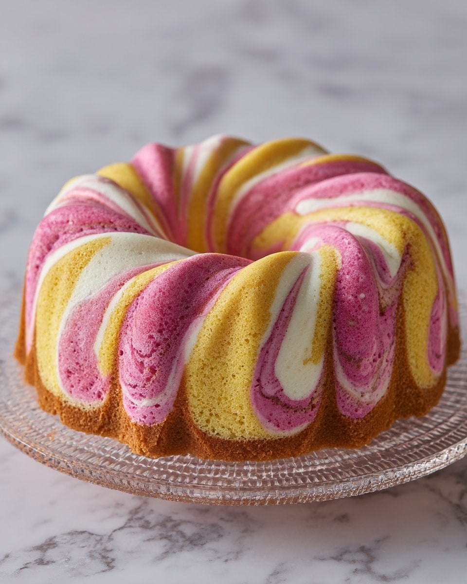 A colorful bundt cake with three swirled layers of pink, white, and yellow, creating a soft marbled look around its twisted shape. The cake sits on a clear textured glass plate, placed on a white marbled surface. The colors blend smoothly, giving the cake a light and fluffy feel, with gentle curves following the bundt shape. photo taken with an iphone --ar 4:5 --v 7