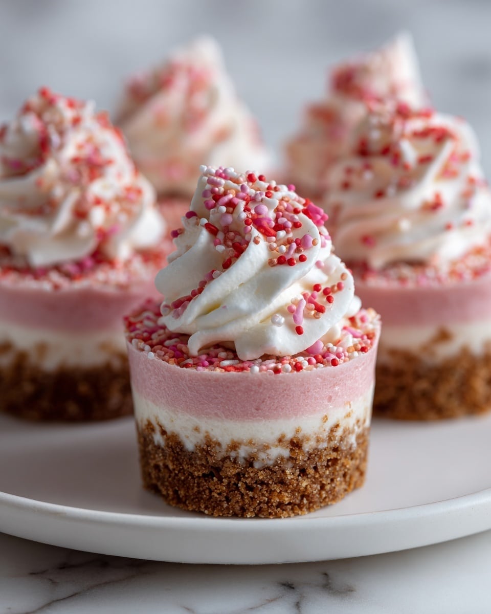 The image shows several small cheesecake cups arranged on a white square plate set on a white marbled surface. Each cheesecake has three clear layers: a crunchy brown crumb base at the bottom, a thick smooth pink cheesecake middle layer, and a generous swirl of soft white whipped cream on top. The whipped cream is decorated with a light dusting of pink sprinkles, adding a delicate touch. The cheesecakes are uniform in size, neatly spaced, and the focus on the closest one highlights the creamy textures and gentle colors. photo taken with an iphone --ar 4:5 --v 7