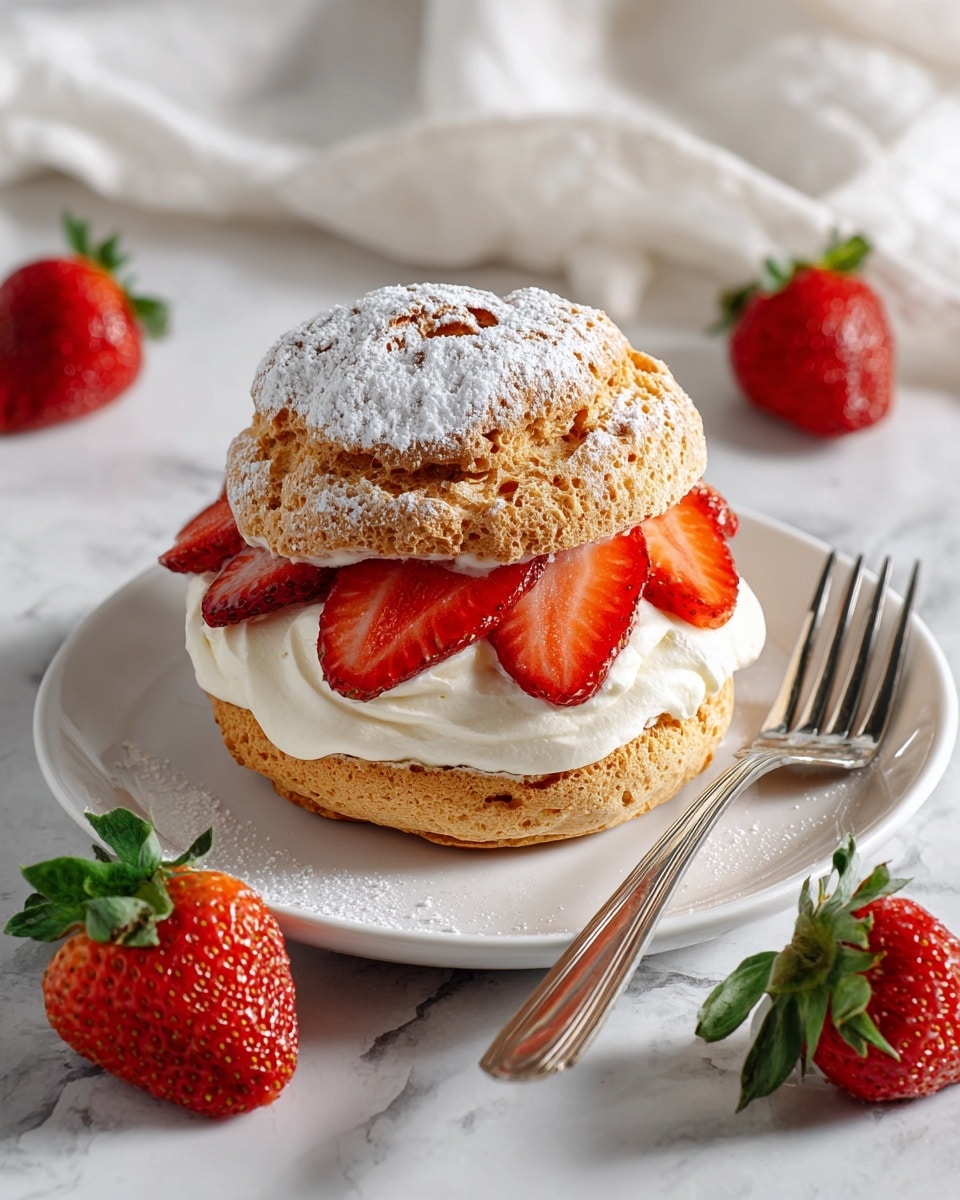 The image shows a white plate with a delicate dessert that has two layers of light golden pastry. Between the pastry layers, there is a thick white cream and small red strawberry pieces, with some strawberries peeking out. The top pastry is dusted with powdered sugar, creating a soft white texture on its golden surface. Next to the dessert, a fresh whole strawberry sits on the plate, while a silver fork is placed on the right side. The background is a white marbled surface with a white cloth nearby and scattered fresh strawberries around. Photo taken with an iphone --ar 4:5 --v 7