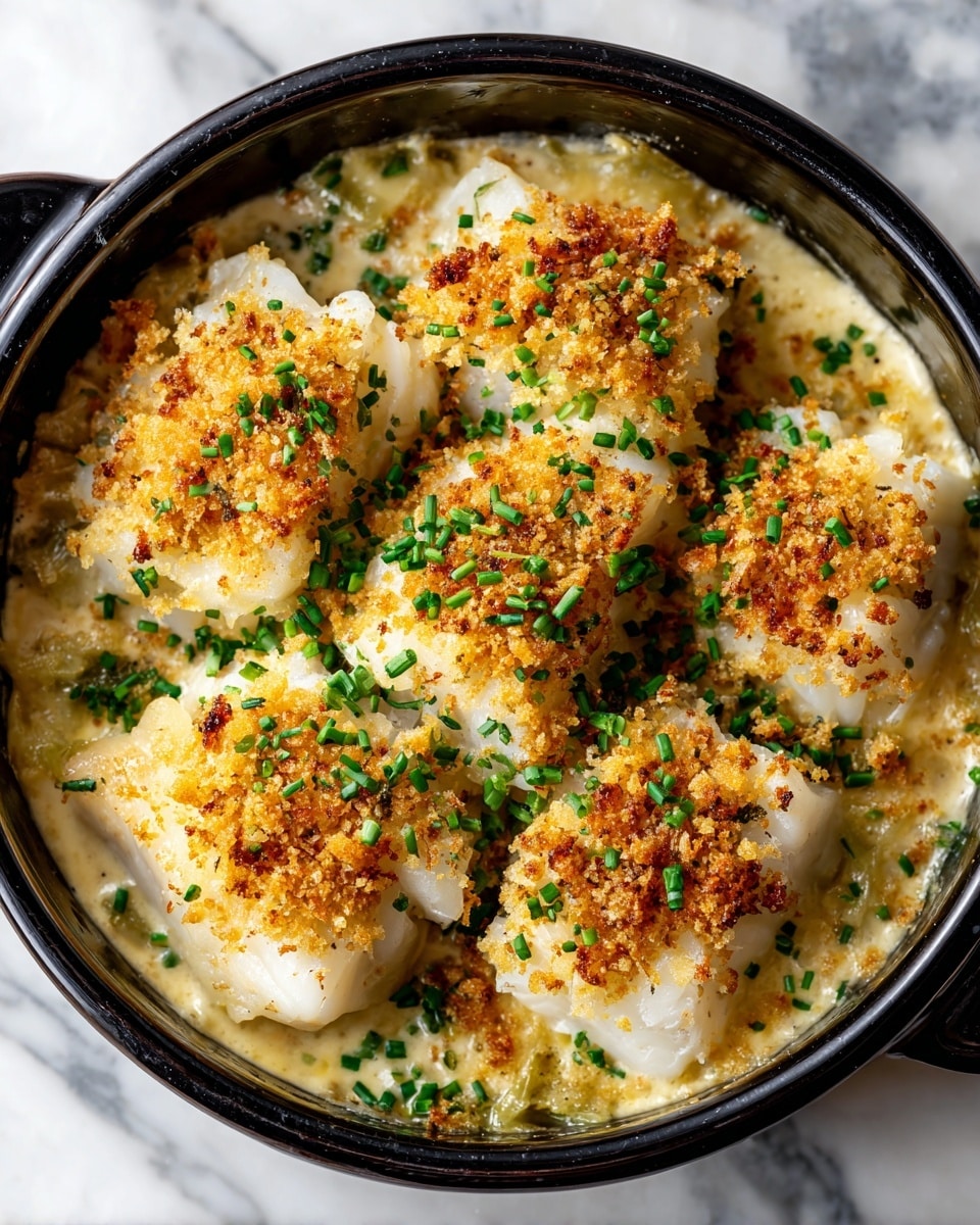 A round black dish filled with a creamy white baked fish casserole topped with several thick white fish pieces arranged evenly on top. The dish is covered with a layer of golden brown crispy breadcrumbs and dotted with small bright green chopped herbs, likely chives. The fish pieces look soft and tender, surrounded by creamy sauce that has slightly browned edges. The dish sits on a white marbled surface. photo taken with an iphone --ar 4:5 --v 7