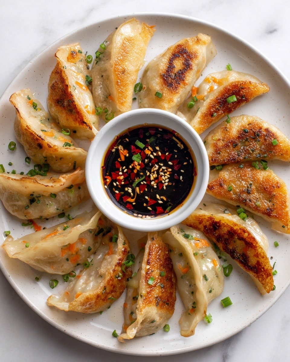A round white plate holds nine pan-fried dumplings arranged in a loose circle around a small white bowl of dark soy dipping sauce with sesame seeds, chopped green onions, and red chili flakes. Each dumpling has a golden-brown, crispy bottom with a slightly translucent and shiny top layer showing bits of orange carrot and green herbs inside. Small pieces of chopped green onion are sprinkled lightly over the dumplings and plate, all set on a white marbled surface. photo taken with an iphone --ar 4:5 --v 7