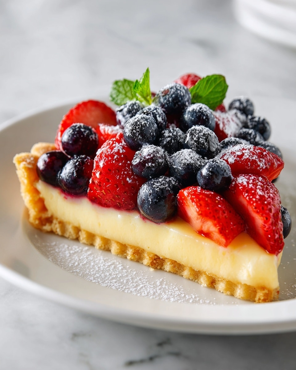 A tart with three visible layers sits on a white plate over a white marbled surface. The base layer is a light brown, crumbly crust with a textured edge. The middle layer is smooth and creamy, pale yellow in color, filling the crust evenly. On top, there is a generous pile of fresh berries, mostly dark blue blueberries mixed with bright red strawberries. The berries are shiny with a light drizzle of syrup and dusted with white powdered sugar. Two small green mint leaves are placed in the center, adding a touch of color contrast. Photo taken with an iphone --ar 4:5 --v 7