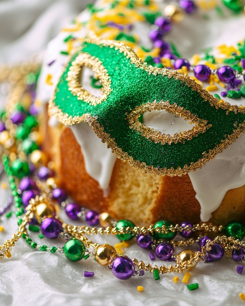 The image shows a King Cake with one visible thick layer of light golden cake topped with a thick layer of white icing that drips slightly over the edges. The icing is decorated with colorful sprinkles in green, purple, and gold, scattered around generously. On top of the cake rests a shiny, textured green mask outlined with gold trim, adding a festive feel. Gold, purple, and green bead necklaces are draped over the cake and around the mask, creating a lively and vibrant scene. The surface beneath the cake is a white marbled texture, enhancing the bright colors of the cake and decorations. photo taken with an iphone --ar 4:5 --v 7