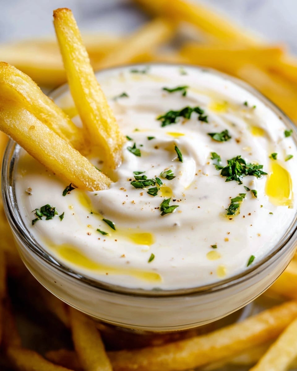 A close-up view of a clear glass bowl filled with smooth, thick white sauce topped with small green parsley pieces and drizzled with golden olive oil. Part of two golden yellow, crispy, thick French fries are dipped into the sauce, showing a crunchy texture. The bowl sits on a white marbled surface with more fries blurred in the background. The sauce's creamy texture contrasts with the rough fries, giving a fresh and tasty look. photo taken with an iphone --ar 4:5 --v 7