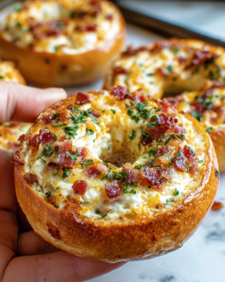 The image shows a close-up of a bagel that has three distinct layers. The bottom is a golden-brown, shiny bagel with a slightly crisp crust. The top layer is creamy white cheese mixed with melted yellow cheese, spread evenly with bits of chopped red bacon and green herbs scattered on top. A woman's hand is holding the bagel, showing the soft, fluffy inside. More bagels in the background are slightly blurred, all placed on a white marbled surface. Photo taken with an iphone --ar 4:5 --v 7