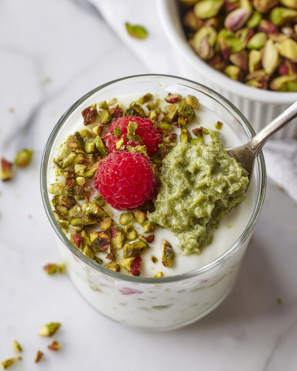 A clear glass cup holds a creamy white base layer topped with chopped green pistachios scattered unevenly around the surface, adding texture and color. A single bright red raspberry sits near the center, contrasting strongly with the white cream and green nuts. On top, a spoon with a mixture of thick green paste and cream rests, partially covering the toppings, showing a blend of smooth and grainy texture. The background is a white marbled surface, and a white bowl with more pistachios sits blurred to the side. Photo taken with an iphone --ar 4:5 --v 7
