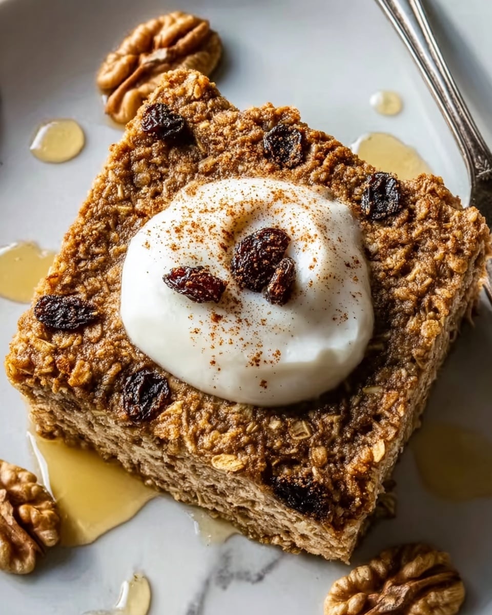 The image shows a square-shaped baked oatmeal cake with a rough, grainy texture made from oats. It has a light brown color with darker brown spots. On top, there is a dollop of smooth, white yogurt sitting in the center, sprinkled with small pieces of dark brown raisins and a light dusting of cinnamon powder. Around the base of the oatmeal cake, there are a few walnut halves and some honey drizzled on the white marbled surface, adding shine and a golden hue. A silver fork is partially visible near the top right corner. The photo taken with an iphone --ar 4:5 --v 7