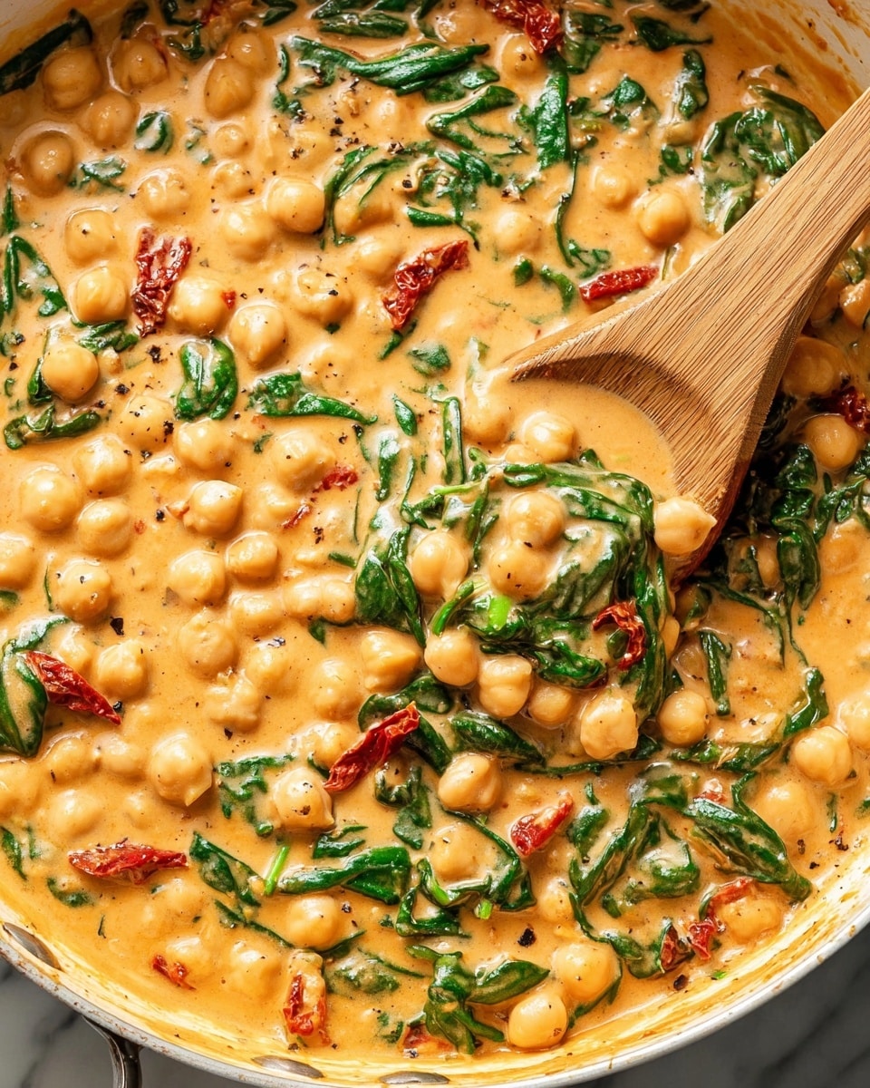 A close-up view of a creamy chickpea stew in a white pan filled with three main layers: round, light beige chickpeas; vibrant green wilted spinach leaves scattered throughout; and small pieces of red sun-dried tomatoes adding contrast to the creamy, orange-tan sauce binding the ingredients together, with specks of black pepper visible. A wooden spoon is partially dipped into the thick stew, showing the texture of the sauce and ingredients, all set on a white marbled surface. Photo taken with an iphone --ar 4:5 --v 7