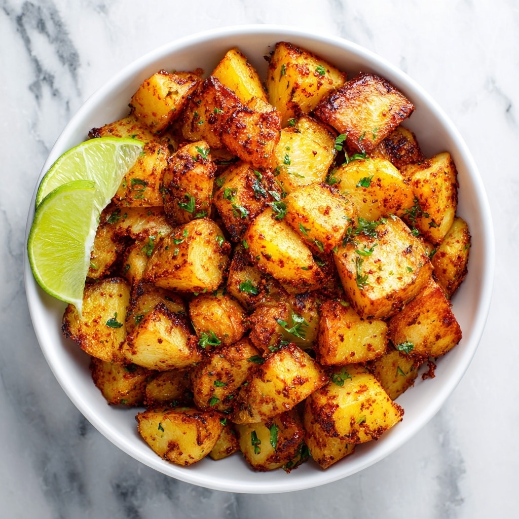 A white bowl filled with golden-brown roasted potato cubes, seasoned with red spices and garnished with chopped green herbs, placed on a white marbled surface. A lime wedge is positioned on the left side of the bowl, adding a pop of bright green color. The potatoes have a slightly crispy texture with some visible char marks, and the herbs add a fresh contrast sprinkled evenly on top. Photo taken with an iphone --ar 4:5 --v 7