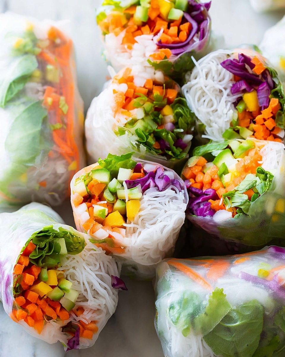 The image shows fresh spring rolls with multiple layers visible through the thin, translucent rice paper wrapping. Inside, there is a base layer of thin white rice noodles that add a soft texture. Above this, there are finely chopped bright orange carrots, small purple cabbage pieces, and light yellow slices, adding crunch and color contrast. Fresh green herbs and leafy greens are scattered throughout, creating a fresh, vibrant look. The rolls are tightly wrapped and placed on a white marbled surface, showing different angles with some rolls cut to reveal the colorful vegetable layers inside. Photo taken with an iphone --ar 4:5 --v 7