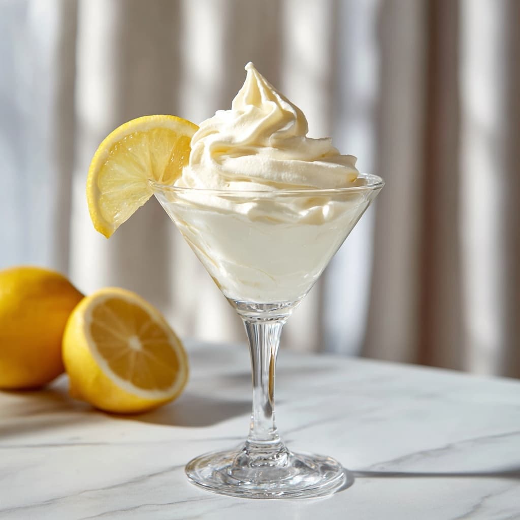 The image shows a tall, clear glass with a thick, creamy swirl of pale yellow soft serve ice cream inside, forming a smooth spiral that reaches just above the rim. On top of the ice cream sits a bright yellow lemon slice, slightly curved, adding a fresh look. The glass is placed on a white marbled surface with a softly blurred kitchen background in warm tones. The lighting highlights the smooth texture and creamy richness of the ice cream, making it look fresh and inviting. Photo taken with an iphone --ar 4:5 --v 7