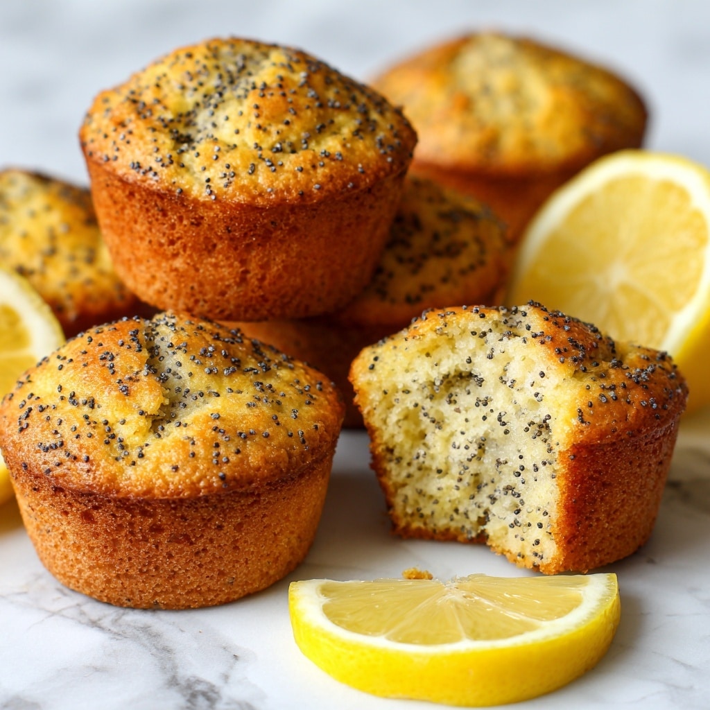 The image shows a close-up of five round muffins with a light golden brown top that has dark poppy seeds sprinkled all over. One muffin is bitten into, revealing a soft, fluffy inside with tiny poppy seeds spread evenly throughout the crumb. Around the muffins, there are bright yellow lemon halves with visible juicy segments and a few lemon seeds. The muffins and lemon halves are placed on a white marbled texture, creating a fresh and bright look. photo taken with an iphone --ar 4:5 --v 7