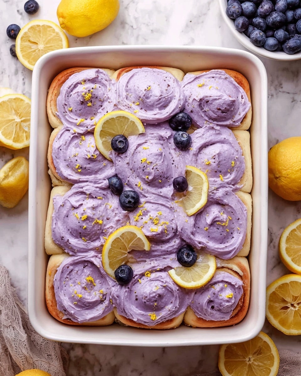 A white rectangular dish contains twelve soft cinnamon rolls arranged in three rows, each topped with a thick layer of creamy purple frosting that has a slightly swirled texture with small specks of darker purple throughout. The frosting covers most of each roll with some of the light golden dough visible underneath. Scattered on top of the frosting are small pieces of golden lemon zest, fresh blueberries, and three thin yellow lemon slices placed on different rolls. Around the dish on the white marbled surface are whole yellow lemons, lemon halves, and a white bowl filled with blueberries, adding a fresh and colorful touch. photo taken with an iphone --ar 4:5 --v 7