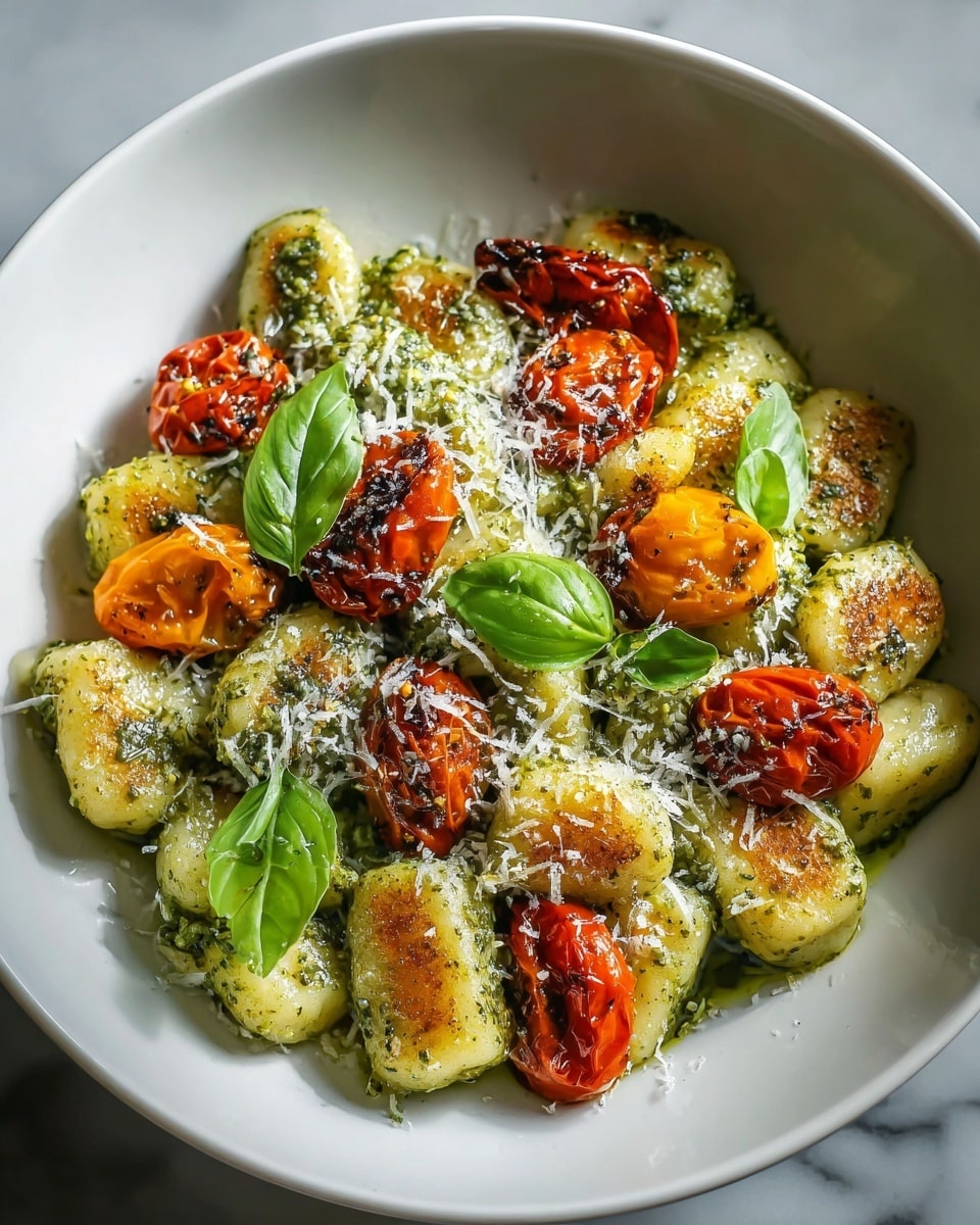 This dish features a white bowl filled with about two layers of pan-fried gnocchi that are golden brown with a light crust. The gnocchi are coated in a vibrant green pesto sauce that gives a slightly oily, textured look. Scattered on top and between the gnocchi are roasted cherry tomatoes with a bright red and orange color, some slightly softened and wrinkled. The dish is garnished with fresh green basil leaves and finished with a light sprinkling of finely grated white cheese, adding a delicate snowy texture over the top. The background has a white marbled texture. photo taken with an iphone --ar 4:5 --v 7
