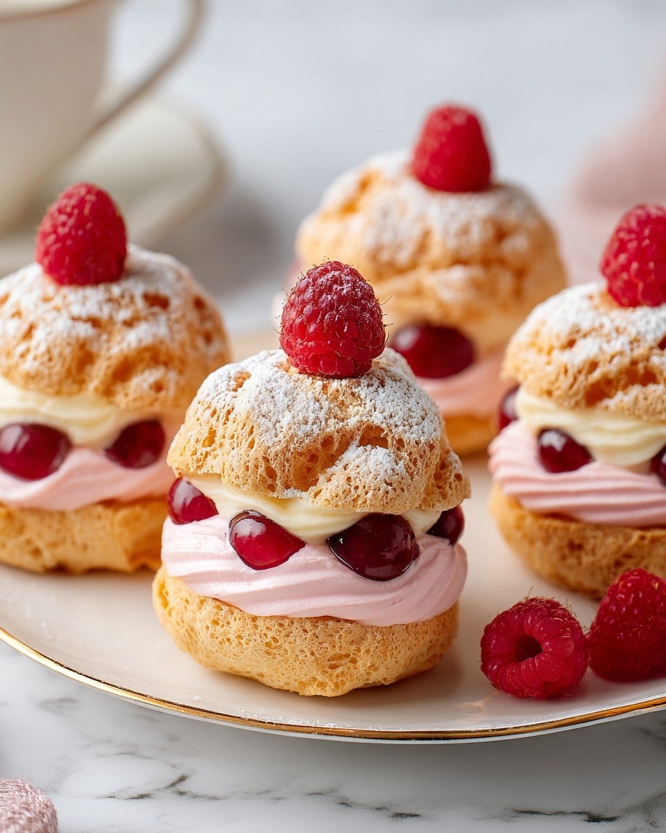 Four cream puffs are arranged on a white plate with a thin gold rim, set on a white marbled surface. Each cream puff has two layers: a golden, textured puff pastry top and bottom, with the top dusted lightly with powdered sugar. In between, there is a layer of smooth, pale pink cream topped with shiny, red cherries, and a fresh raspberry crowns each puff. A few loose raspberries are scattered around the plate. Photo taken with an iphone --ar 4:5 --v 7