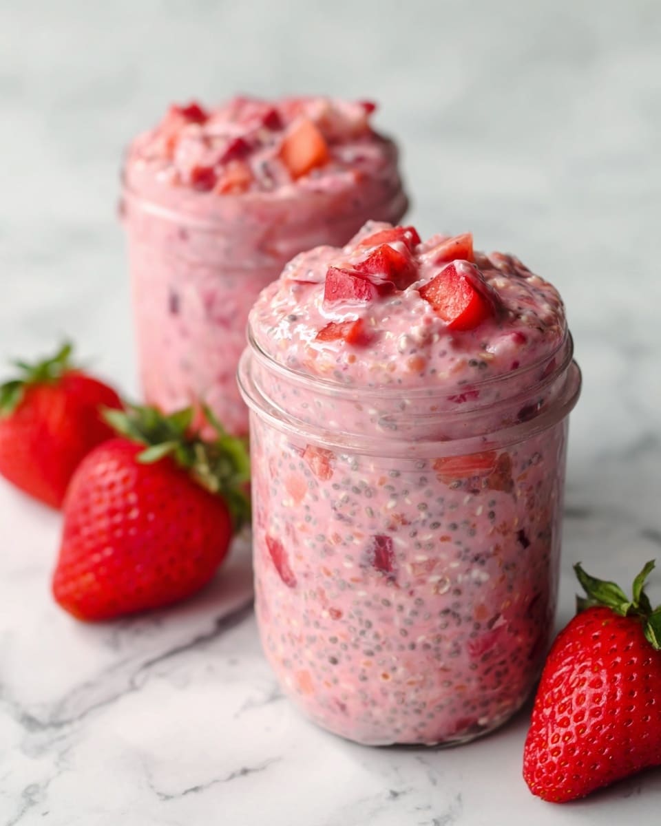 Two clear glass jars filled with a pink mixture containing visible small black chia seeds and chunks of bright red strawberry pieces. The mixture looks creamy and thick, nearly reaching the top of each jar with some strawberry chunks slightly sticking out from the surface. Around the jars, there are a few whole fresh strawberries with green tops placed on a white marbled surface. The focus is on the jar closest to the viewer, showing the texture and color details clearly. photo taken with an iphone --ar 4:5 --v 7