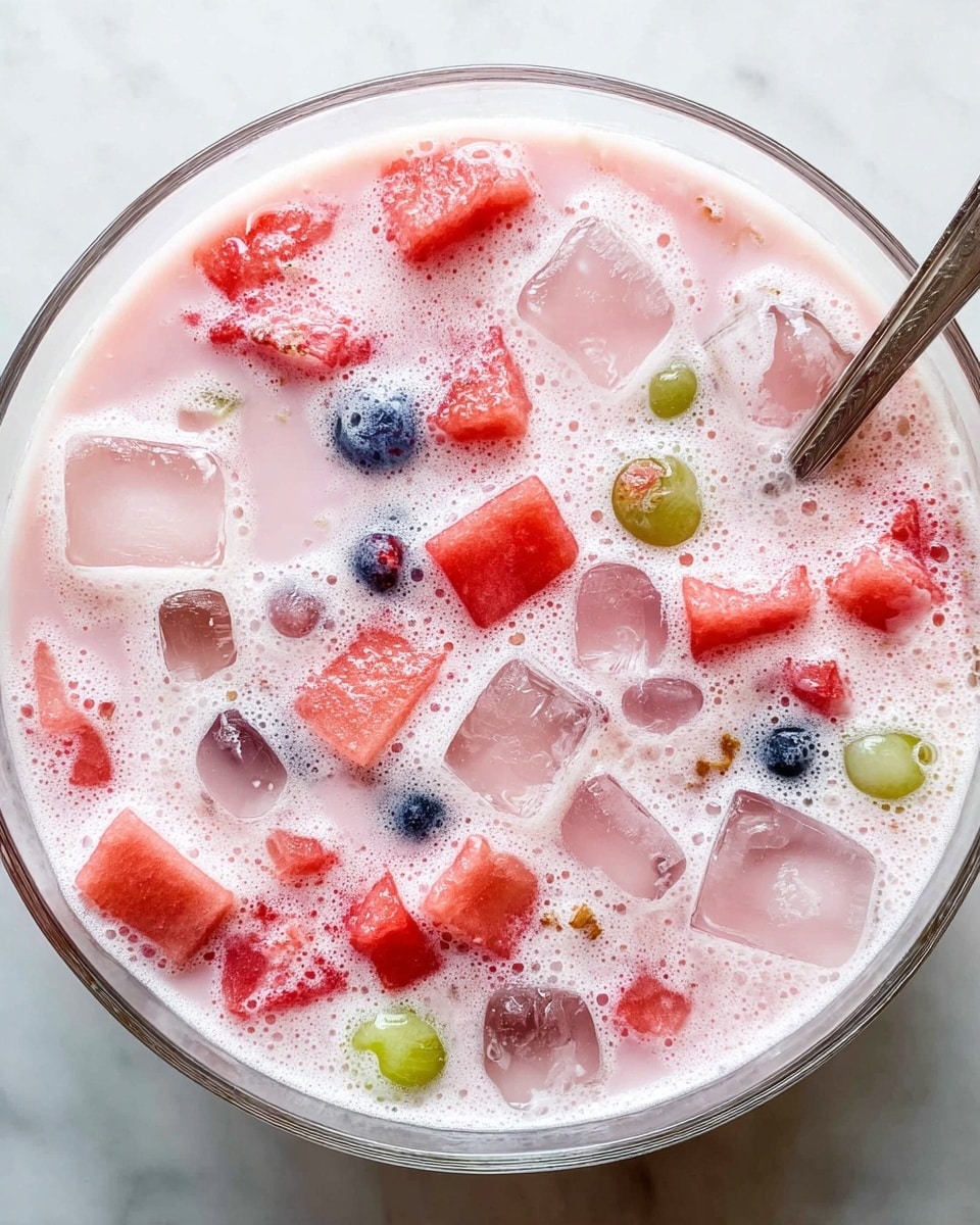 A top view of a large clear glass bowl filled with a light pink milky liquid that has many small to medium pieces of red watermelon and other mixed fruits like green grapes and blueberries floating within it. There are also multiple clear ice cubes scattered throughout the liquid, creating bubbles and a frothy texture on the surface. A silver spoon is partially submerged on the right side of the bowl. The bowl is placed on a white marbled texture. photo taken with an iphone --ar 4:5 --v 7