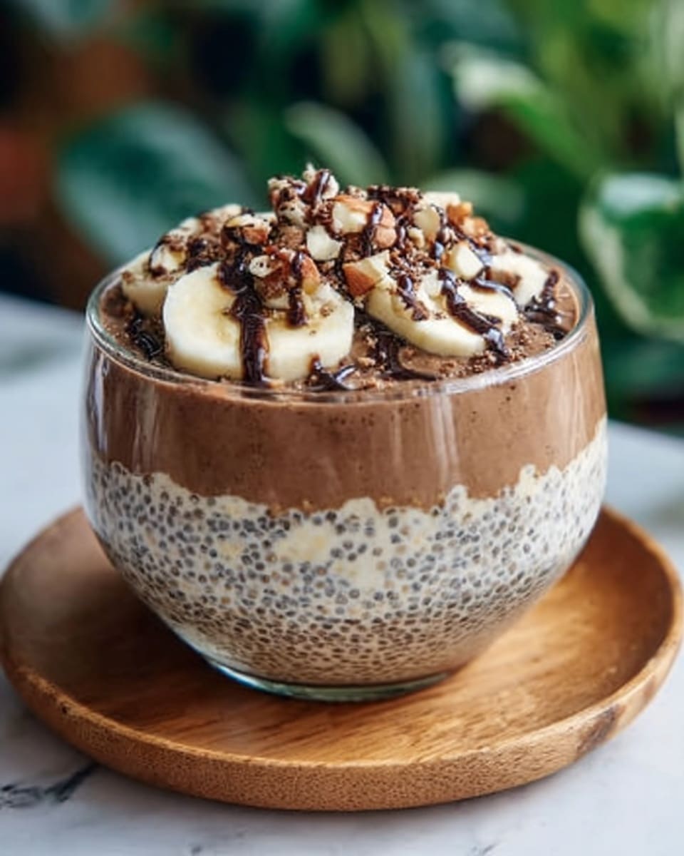 The image shows a clear glass bowl filled with three visible layers. The bottom layer is light beige with small black seeds spread evenly, giving a textured look. The middle layer is smooth and light brown, covering half the bowl. The top layer is thicker, dark brown, topped with sliced white bananas, small chunks of nuts, and a drizzle of dark chocolate syrup. The bowl sits on a round wooden plate, all on a white marbled surface. A blurred background shows green plants. Photo taken with an iphone --ar 4:5 --v 7