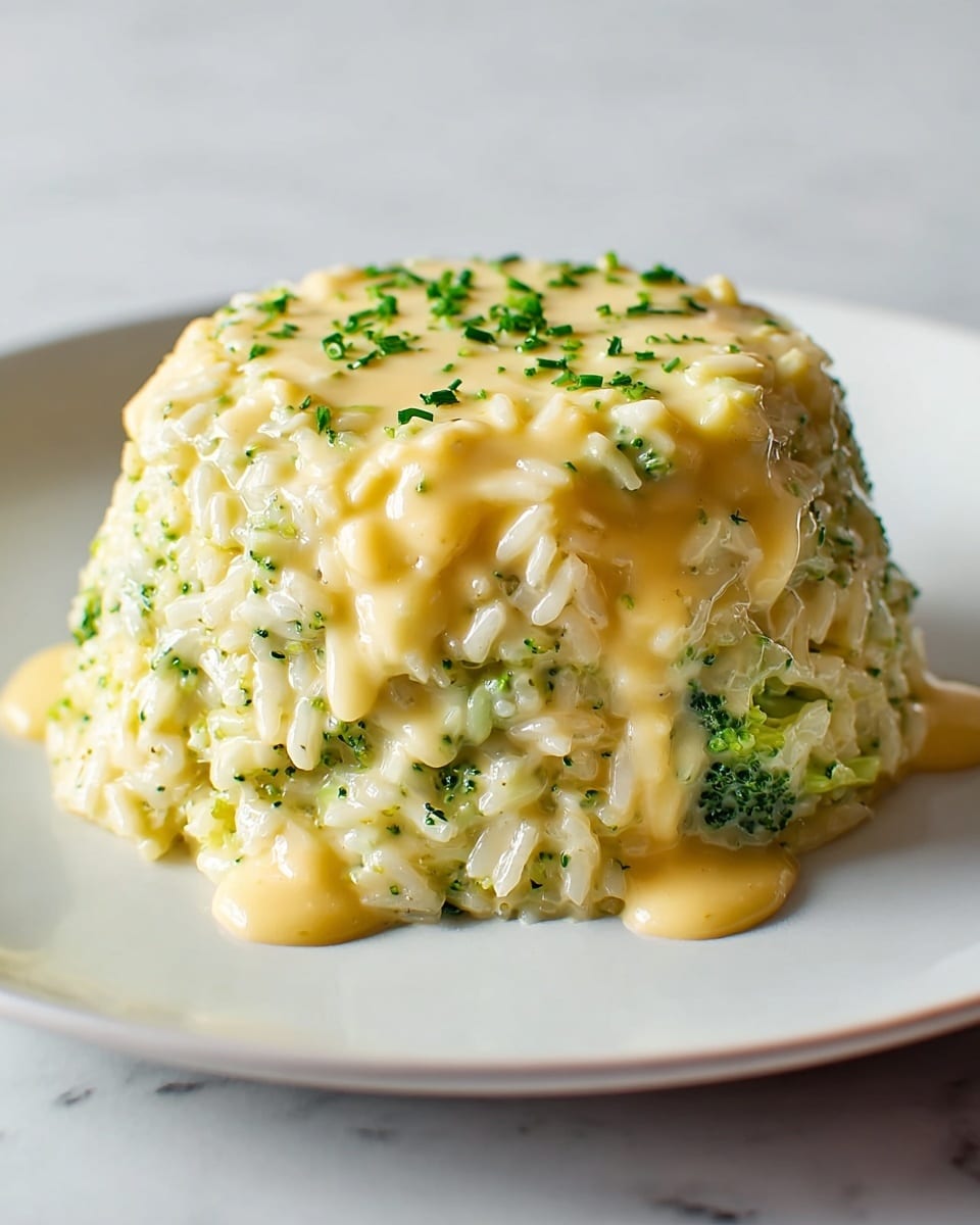 The dish is a single, mound-shaped serving of creamy broccoli and cheese rice, placed at the center of a white plate on a white marbled surface. The base layer consists of soft, pale yellow rice mixed with small, bright green broccoli florets evenly distributed throughout. The top layer is generously coated with a shiny, melted light yellow cheese sauce that drips slightly down the sides, giving the dish a glossy and smooth texture. Small bits of chopped green herbs are sprinkled on top, adding a fresh touch of color and contrast. photo taken with an iphone --ar 4:5 --v 7