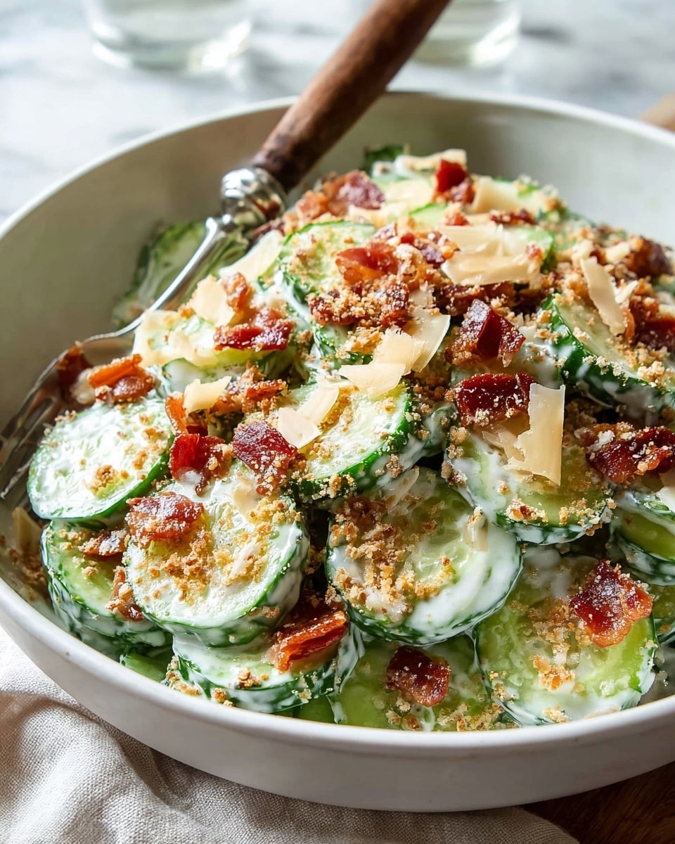 A close-up view of a creamy cucumber salad in a white bowl on a white marbled surface, showing 3 main layers: the bottom layer with bright green cucumber slices coated in smooth white creamy dressing, the middle layer with small reddish-brown crispy bacon bits scattered evenly, and the top layer with thin, light beige cheese shavings and golden brown breadcrumbs sprinkled all over, creating a mix of textures and colors. A fork with a wooden handle rests in the bowl. Photo taken with an iphone --ar 4:5 --v 7