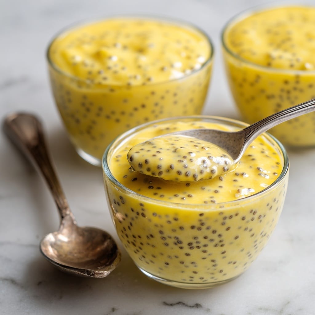 The image shows three small clear glass bowls filled with a creamy yellow pudding that has many small black chia seeds evenly spread throughout. The pudding looks smooth and thick, with the chia seeds giving it a speckled texture. The bowls are placed on a white marbled surface. In the foreground, a silver spoon holds a scoop of the pudding, showing the pudding’s soft and slightly jiggly texture with chia seeds inside. The light shines softly on the bowls, highlighting the glossy surface of the pudding. photo taken with an iphone --ar 4:5 --v 7