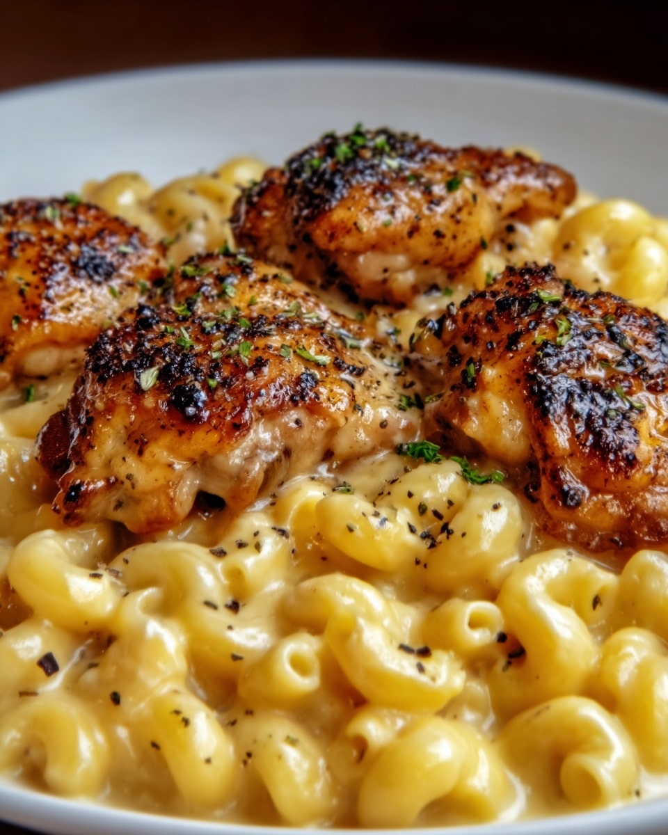 The image shows a close-up of a white plate filled with creamy yellow macaroni and cheese as the base layer, covered with three golden-brown grilled chicken thighs on top. The chicken thighs are slightly charred and sprinkled with herbs and black pepper, adding small dark green and black specks on their surface. The macaroni pieces are smooth and shiny with a rich cheese sauce coating. The plate rests on a white marbled surface, and the focus is sharp on the textures of the food, highlighting the creaminess of the macaroni and the crisp skin of the chicken. photo taken with an iphone --ar 4:5 --v 7