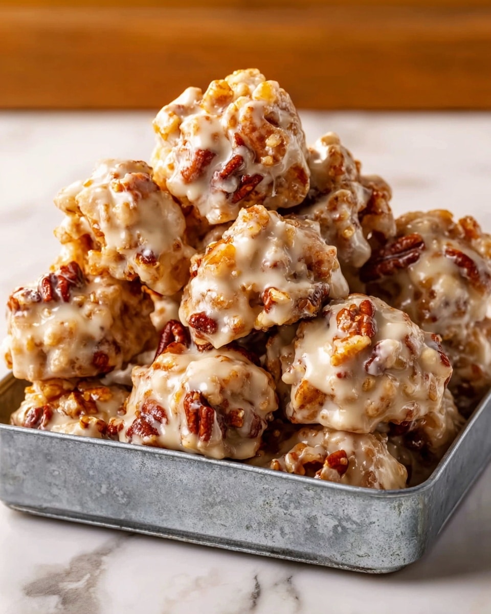 A metal square tray filled with a pile of small round clusters made of chopped pecans mixed and coated in a thick, creamy white glaze. Each cluster has a chunky texture from the nut pieces, with the glaze unevenly spread over the top and sides, giving a shiny and slightly sticky appearance. The tray is placed on a white marbled surface, with the warm lighting highlighting the glossy glaze and the rich brown color of the pecans photo taken with an iphone --ar 4:5 --v 7