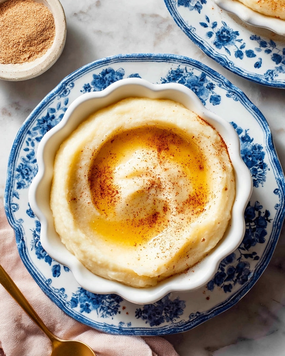 A white scalloped bowl filled with creamy, light beige mashed potatoes with a smooth texture, topped with a swirl of melted golden butter and a sprinkling of light brown cinnamon or spice powder in the center; the bowl is placed on a white plate decorated with dark blue floral patterns, all set on a white marbled surface, next to a small bowl of light brown spice and a golden spoon. Photo taken with an iphone --ar 4:5 --v 7