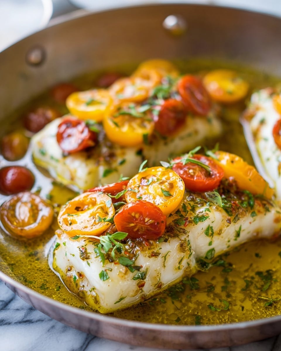 Three thick white fish fillets sit in a shallow pan filled with golden oily sauce, topped with halved red and yellow cherry tomatoes and small green herb leaves scattered around. The fish has a soft, flaky texture with a slight glaze from the sauce, which pools around the edges with visible seasoning and herbs. The pan is set on a white marbled surface. photo taken with an iphone --ar 4:5 --v 7