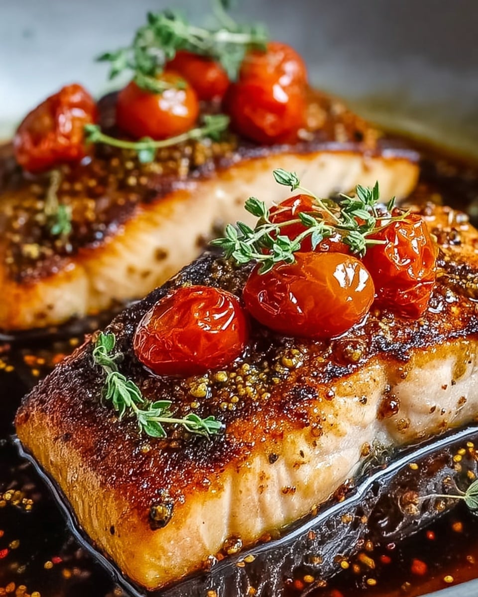 Two thick pieces of cooked salmon fillets with a golden brown and slightly charred crust lie in a shallow pool of dark, glossy sauce. Each fillet is topped with shiny roasted cherry tomatoes and small sprigs of fresh green herbs, creating vibrant pops of red and green on the warm, textured surface of the fish. The sauce has a rich, oily sheen, reflecting the light softly. The image focuses closely on the salmon, filling the frame with the details of the crispy skin, tiny mustard seeds, and moist flesh beneath. The background is a white marbled texture. Photo taken with an iphone --ar 4:5 --v 7