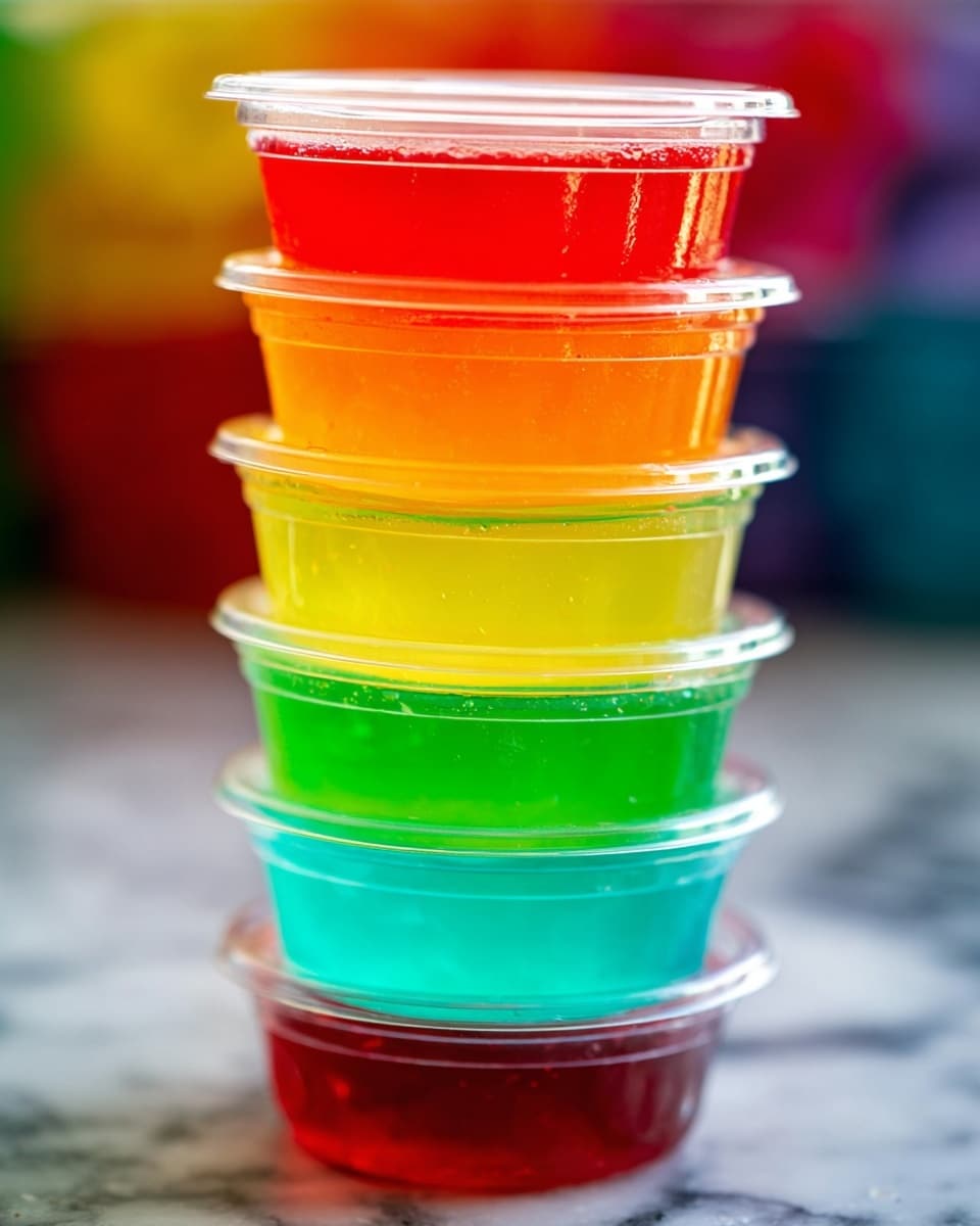 A stack of six small clear plastic cups filled with brightly colored jelly, each cup covered with a clear lid. The jellies are neatly stacked from bottom to top in the following color order: deep red at the bottom, then a slightly lighter red, followed by bright orange, vibrant yellow, bright green, and turquoise blue at the top. The clear lids reflect light softly, enhancing the shiny and smooth texture of the jelly inside. The stack is set on a white marbled surface with a blurred colorful background making the vivid colors stand out. photo taken with an iphone --ar 4:5 --v 7