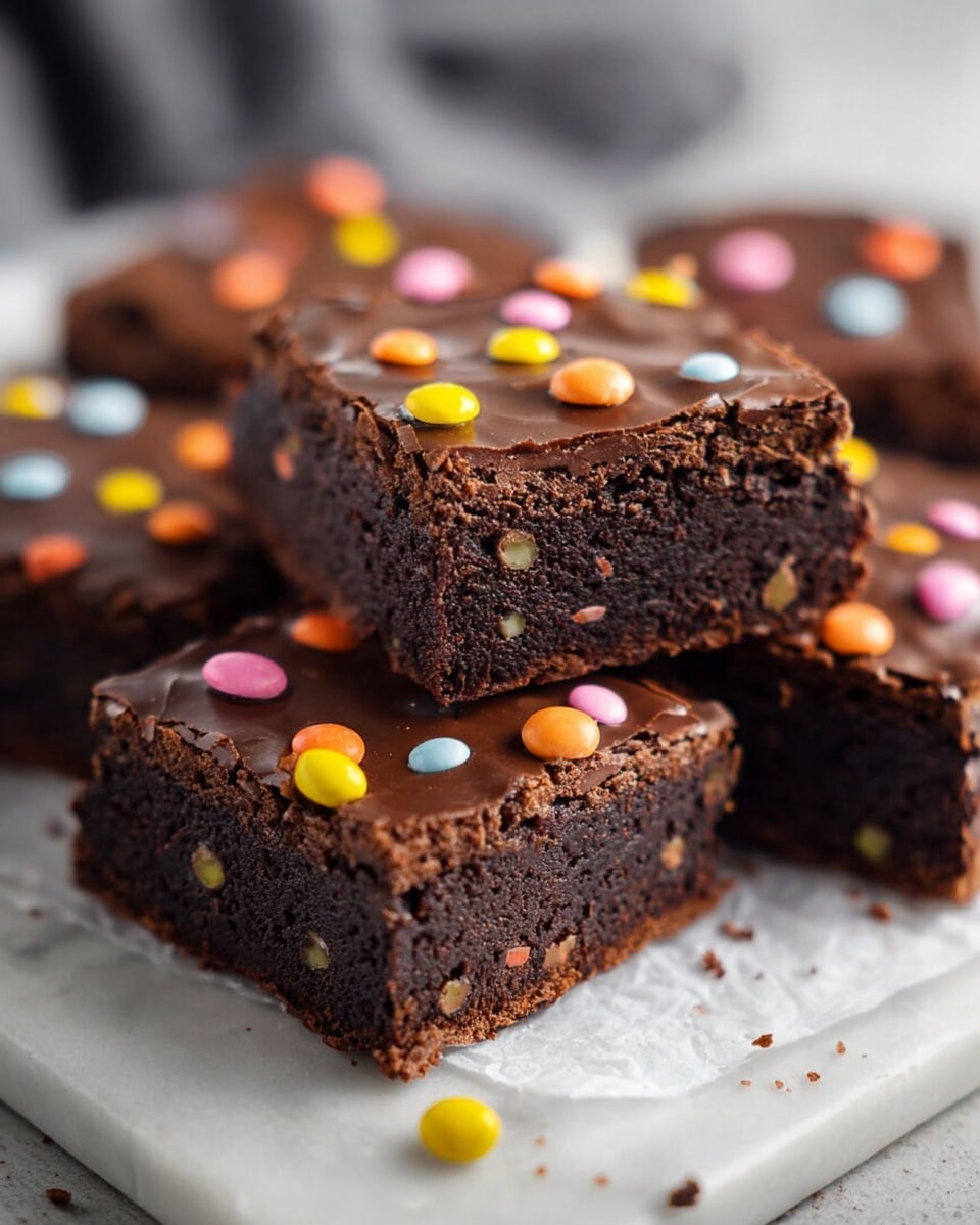 Four square-shaped chocolate brownies are placed closely together on a white marbled surface covered with white parchment paper. Each brownie has two visible layers: a dense, dark brown base with a slightly rough texture, and a smooth, glossy chocolate layer on top. The top layer is decorated with small, round candy pieces in bright colors like yellow, pink, orange, and blue, scattered evenly. The edges of the brownies are sharp but slightly crumbly, showing the moist texture inside. Photo taken with an iphone --ar 4:5 --v 7