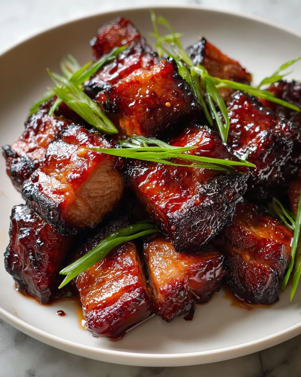 The image shows a white plate filled with several pieces of glazed, grilled meat cut into thick, rectangular chunks. Each piece has a shiny, dark brown and reddish caramelized surface with a slightly charred texture, showing the tender, light pink inside. Scattered among the meat pieces are bright green, fresh scallion stalks that add a pop of color. The plate rests on a white marbled surface. Photo taken with an iphone --ar 4:5 --v 7
