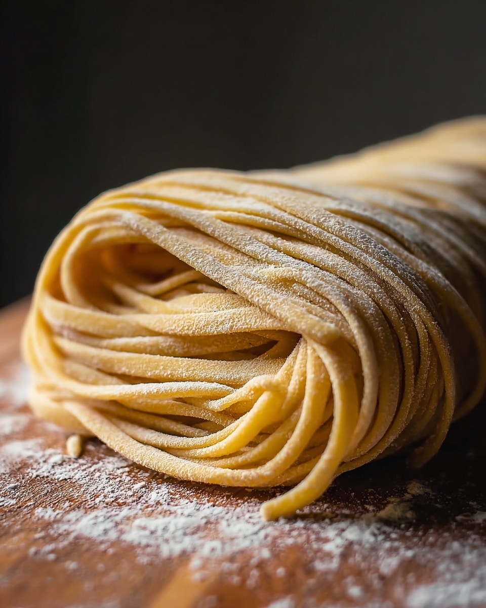 A close-up view of a bundle of fresh, uncooked pasta noodles resting on a wooden surface dusted lightly with white flour. The pasta is pale yellow in color with a smooth texture and is neatly folded in several layers, forming a thick, dense stack. The noodles are long and thin, with slight curves where the folds overlap. The background is plain and subdued, emphasizing the fresh pasta's details and textures. photo taken with an iphone --ar 4:5 --v 7
