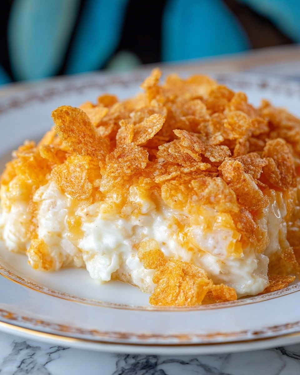 A close-up view of a creamy, baked dish served on a white plate with a decorative rim, featuring two main layers: the bottom layer is smooth and white, showing soft chunks of a cheesy or potato base, while the top layer consists of golden, crispy cornflake pieces that add a crunchy texture. The dish sits on a surface with a white marbled texture, and the background includes a blur of blue and black shapes that keep the focus on the food. Photo taken with an iphone --ar 4:5 --v 7